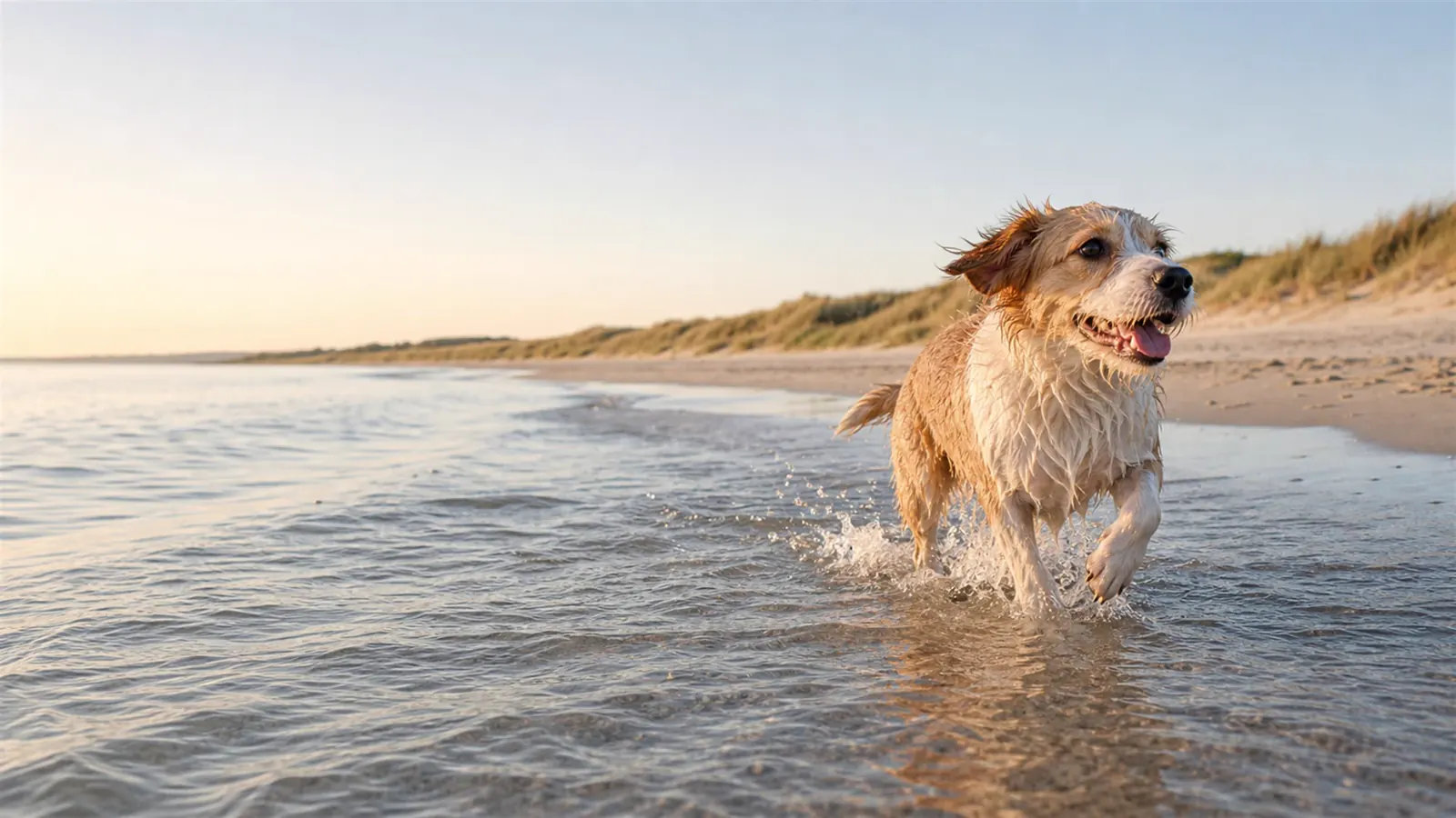 Hund läuft am Ostseestrand von Dierhagen durch den Sand